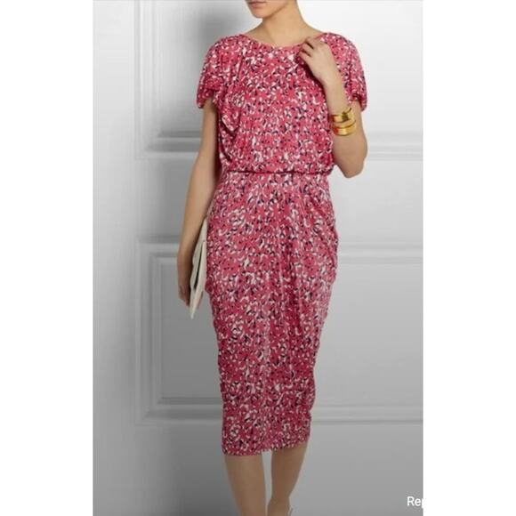 Saloni Aspara Printed Jersey Dress Women’s 6 Abstract Ruched Midi Luxury Elegant - Picture 1 of 14
